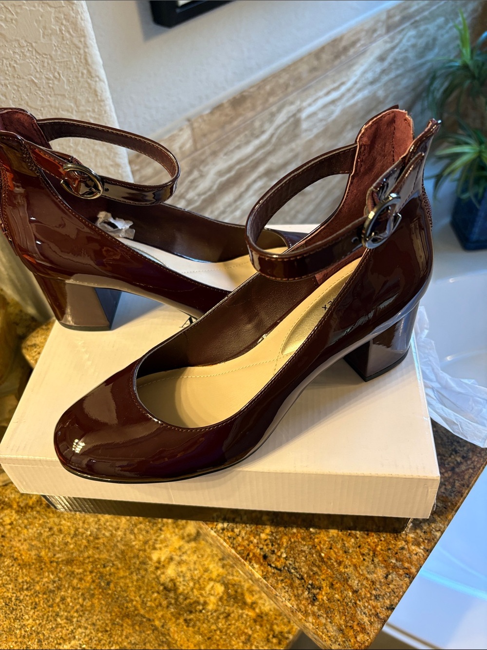 Alfani Burgundy Patent Ankle-Strap Block Heels